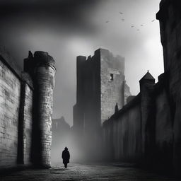 A dark black and white abstract animated image showing rundown fortress walls on each side in Cluj under brooding clouds