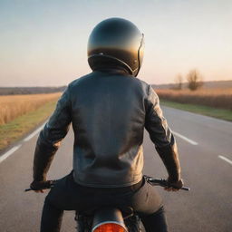 A rear view of a man in a sporty posture, wearing a coach jacket with a Caferacer image and a helmet, as he continues to ride his Caferacer motorcycle on a serene open road under the relaxing sunrise.