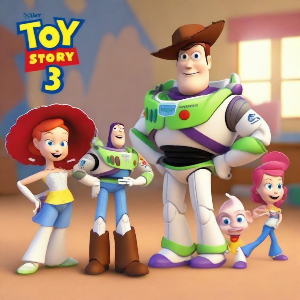 A vibrant and dynamic scene featuring Toy Story characters Jessie, Buzz Lightyear, Slinky, Bullseye, and Buttercup in the foreground as protagonists