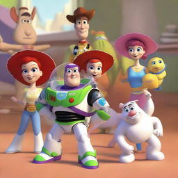 A vibrant and dynamic scene featuring Toy Story characters Jessie, Buzz Lightyear, Slinky, Bullseye, and Buttercup in the foreground as protagonists