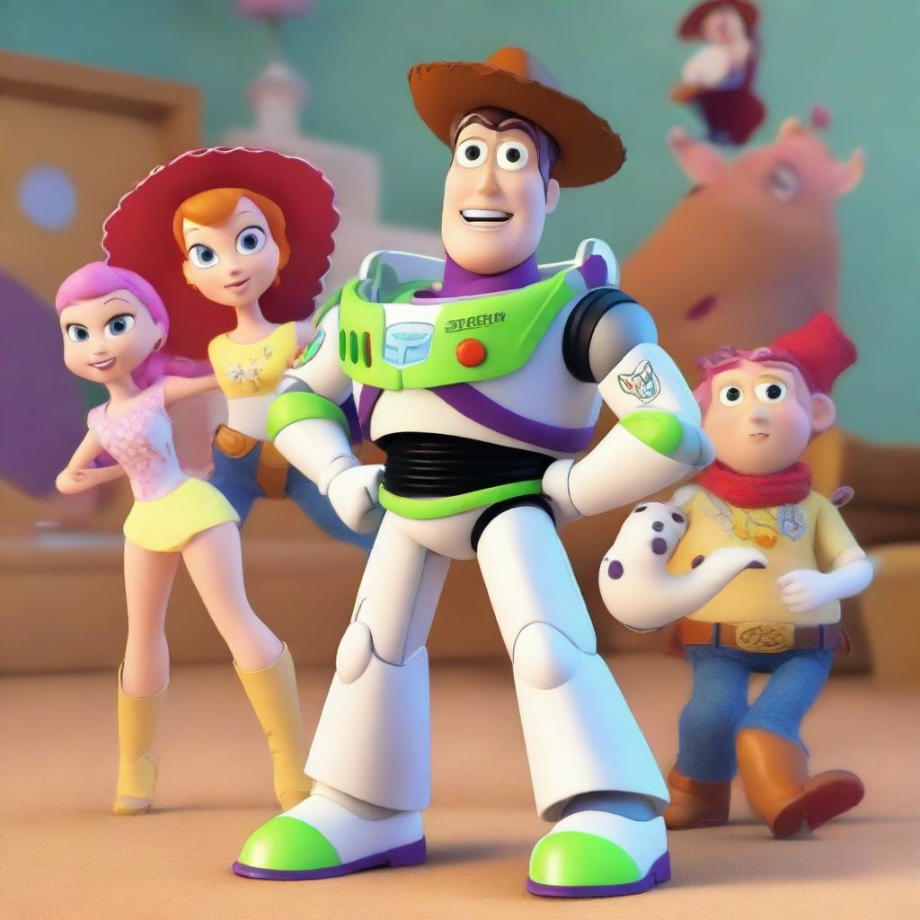 A vibrant and dynamic scene featuring Toy Story characters Jessie, Buzz Lightyear, Slinky, Bullseye, and Buttercup in the foreground as protagonists