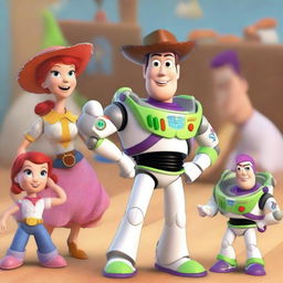 A vibrant and dynamic scene featuring Toy Story characters Jessie, Buzz Lightyear, Slinky, Bullseye, and Buttercup in the foreground as protagonists