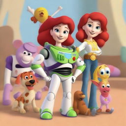 Create a Toy Story poster featuring Jessie, Buzz Lightyear, Slinky, Bullseye, and Buttercup as the protagonists