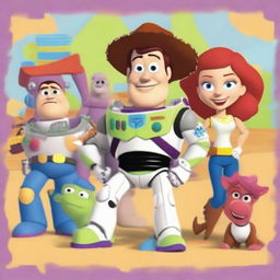 Create a Toy Story poster featuring Jessie, Buzz Lightyear, Slinky, Bullseye, and Buttercup as the protagonists