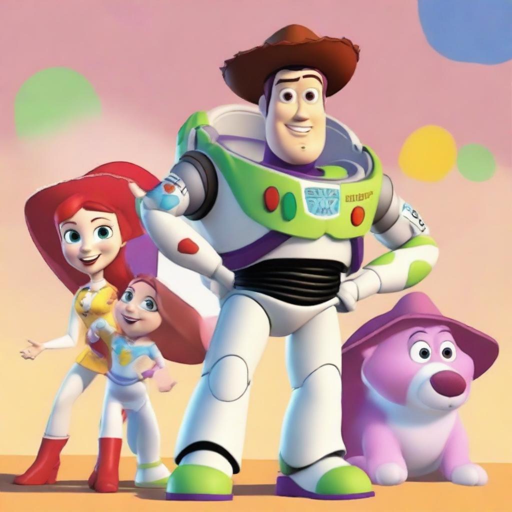 Create a Toy Story poster featuring Jessie, Buzz Lightyear, Slinky, Bullseye, and Buttercup as the protagonists