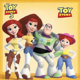 Create a Toy Story poster featuring Jessie, Buzz Lightyear, Slinky, Bullseye, and Buttercup as the protagonists