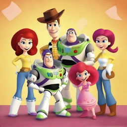 Create a Toy Story poster featuring Jessie, Buzz Lightyear, Slinky, Bullseye, and Buttercup as the protagonists