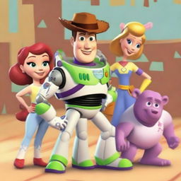 Create a Toy Story poster featuring Jessie, Buzz Lightyear, Slinky, Bullseye, and Buttercup as the protagonists