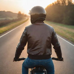 A rear view of a man in a sporty posture, wearing a coach jacket with a Caferacer image and a helmet, as he continues to ride his Caferacer motorcycle on a serene open road under the relaxing sunrise.