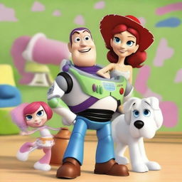 Create a Toy Story poster featuring Jessie, Buzz Lightyear, Slinky, Bullseye, and Buttercup as the protagonists