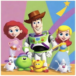 Create a Toy Story poster featuring Jessie, Buzz Lightyear, Slinky, Bullseye, and Buttercup as the protagonists