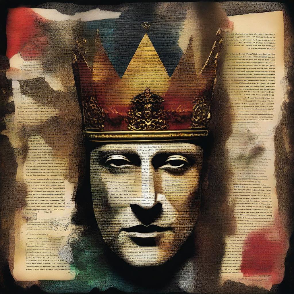 Create a Dave McKean inspired collage-style surreal abstract face of a medieval king, incorporating elements from five different faces, including a female face