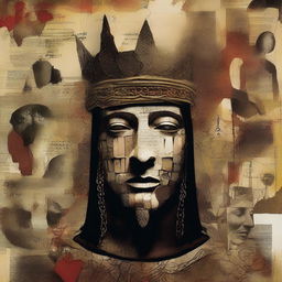 Create a Dave McKean inspired collage-style surreal abstract face of a medieval king, incorporating elements from five different faces, including a female face