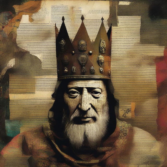 Create a Dave McKean inspired collage-style surreal abstract face of a medieval king, incorporating elements from five different faces, including a female face