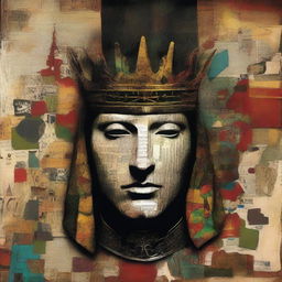 Create a Dave McKean inspired collage-style surreal abstract face of a medieval king, incorporating elements from five different faces, including a female face