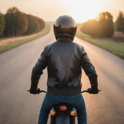 A rear view of a man in a sporty posture, wearing a coach jacket with a Caferacer image and a helmet, as he continues to ride his Caferacer motorcycle on a serene open road under the relaxing sunrise.