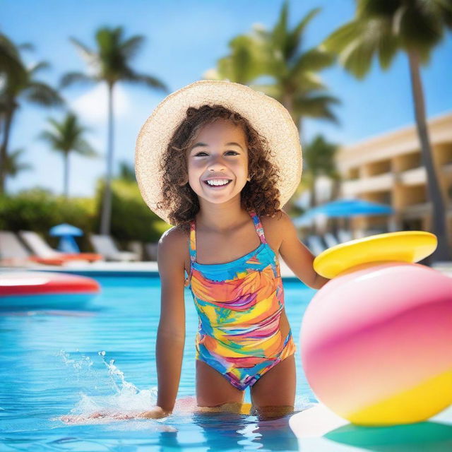 A young girl in a colorful swimsuit, playing joyfully by the poolside