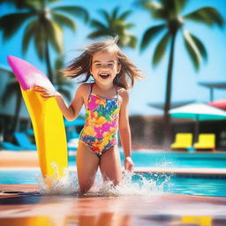 A young girl in a colorful swimsuit, playing joyfully by the poolside