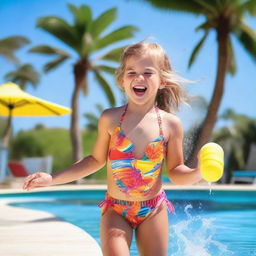 A young girl in a colorful swimsuit, playing joyfully by the poolside