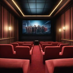 A detailed and immersive cinema scene with a large screen showing an exciting movie