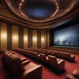 A detailed and immersive cinema scene with a large screen showing an exciting movie