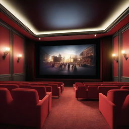 A detailed and immersive cinema scene with a large screen showing an exciting movie