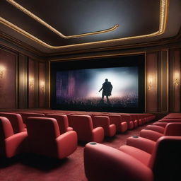 A detailed and immersive cinema scene with a large screen showing an exciting movie