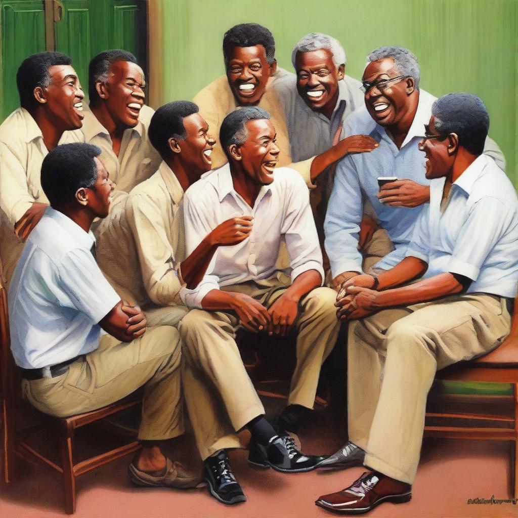 A group of men sitting on chairs, depicted in a realistic and detailed style