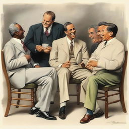 A group of men sitting on chairs, depicted in a realistic and detailed style