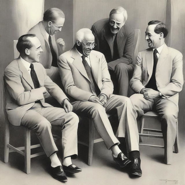 A group of men sitting on chairs, depicted in a realistic and detailed style