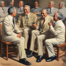 A group of men sitting on chairs, depicted in a realistic and detailed style