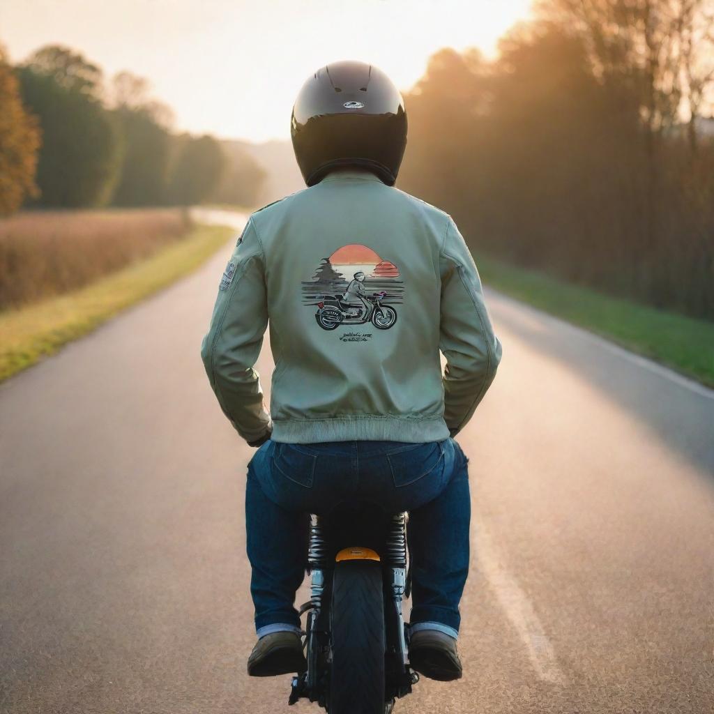 An animated rear view of a man in a sporty posture. He's wearing a cartoon coach jacket with a Caferacer image, a helmet and riding his cartoon Caferacer motorcycle on a tranquil open road amidst a relaxing sunrise scenery.