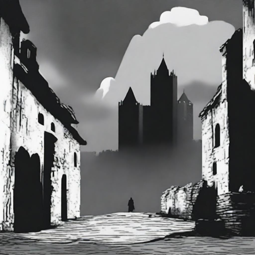 A dark, abstract animated scene set in Cluj with rundown fortress walls on each side