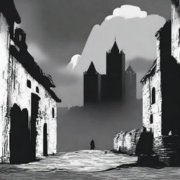 A dark, abstract animated scene set in Cluj with rundown fortress walls on each side