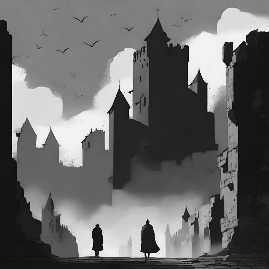 A dark, abstract animated scene set in Cluj with rundown fortress walls on each side