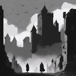 A dark, abstract animated scene set in Cluj with rundown fortress walls on each side