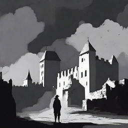 A dark, abstract animated scene set in Cluj with rundown fortress walls on each side