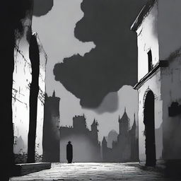 A dark, abstract animated scene set in Cluj with rundown fortress walls on each side