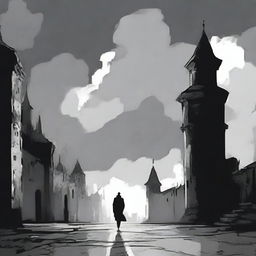 A dark, abstract animated scene set in Cluj with rundown fortress walls on each side