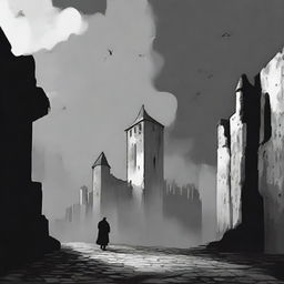 A dark, abstract animated scene set in Cluj with rundown fortress walls on each side