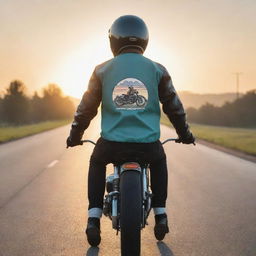 An animated rear view of a man in a sporty posture. He's wearing a cartoon coach jacket with a Caferacer image, a helmet and riding his cartoon Caferacer motorcycle on a tranquil open road amidst a relaxing sunrise scenery.