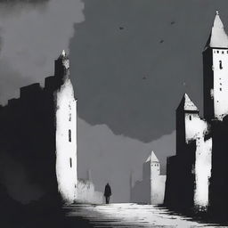 A dark, abstract animated scene set in Cluj with rundown fortress walls on each side