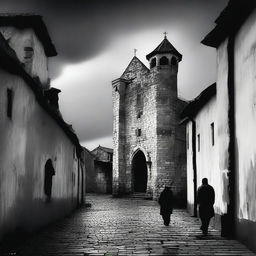 A dark black and white abstract animated image depicting rundown fortress walls on each side in Cluj under brooding clouds