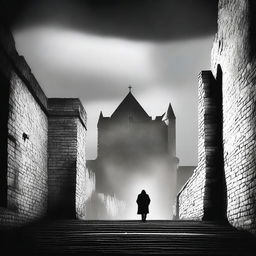 A dark black and white abstract animated image depicting rundown fortress walls on each side in Cluj under brooding clouds