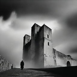 A dark black and white abstract animated image depicting rundown fortress walls on each side in Cluj under brooding clouds