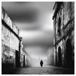 A dark black and white abstract animated image depicting rundown fortress walls on each side in Cluj under brooding clouds