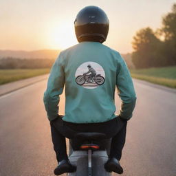 An animated rear view of a man in a sporty posture. He's wearing a cartoon coach jacket with a Caferacer image, a helmet and riding his cartoon Caferacer motorcycle on a tranquil open road amidst a relaxing sunrise scenery.