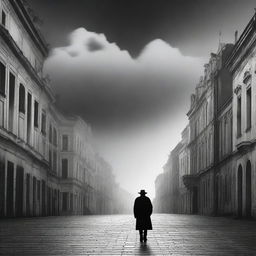 A dark black and white abstract animated image of Cluj's Piata Unirii under brooding clouds