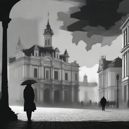 A dark black and white abstract animated image of Cluj's Piata Unirii under brooding clouds