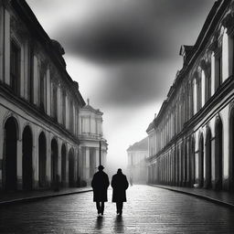 A dark black and white abstract animated image of Cluj's Piata Unirii under brooding clouds